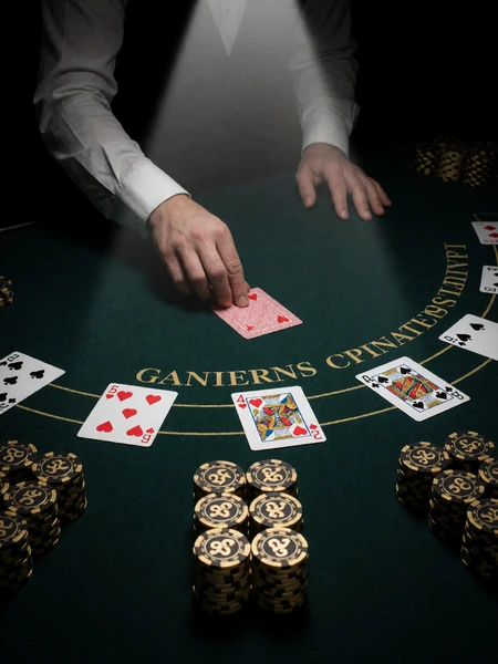 Blackjack-Tisch mit ausgeteilten Karten und goldenen Chips unter dramatischem Spotlight im Live Casino