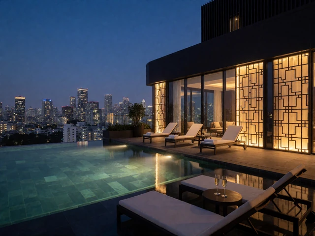 Luxuri&ouml;ser Rooftop-Infinity-Pool in der Abendd&auml;mmerung mit Champagnergl&auml;sern - Weekend Reload Stimmung bei Millioner