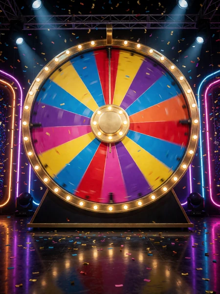 Buntes Gl&uuml;cksrad der Game Show Crazy Time im Neon-Studio des Millioner Live Casino