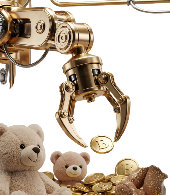 Goldener Greifarm der Bonus Crab Claw Machine mit Pl&uuml;schtieren und Goldm&uuml;nzen