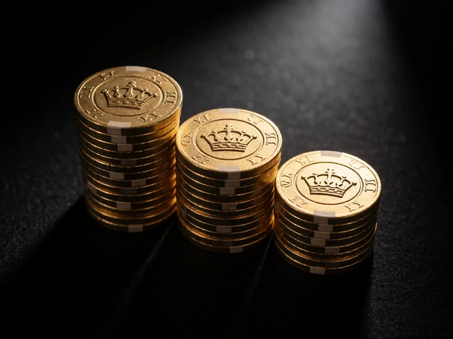 Drei gestapelte goldene Chip-T&uuml;rme in absteigender H&ouml;he auf schwarzem Filz - Symbol f&uuml;r die drei Bonusstufen bei Millioner