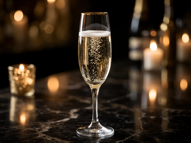 Champagnerfl&ouml;te mit Goldrand auf dunkler Marmorbar - Luxus-Gewinnatmosph&auml;re im Millioner Casino