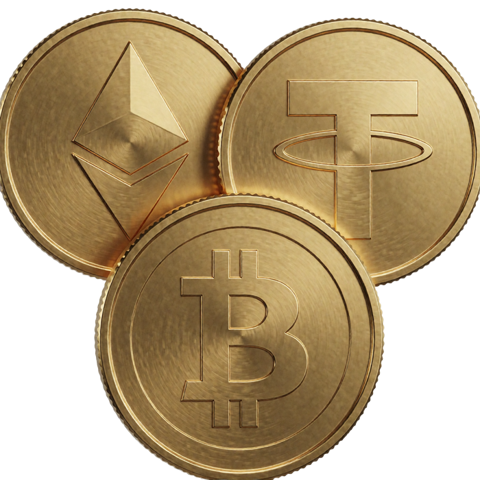 Goldene Bitcoin-, Ethereum- und Tether-M&uuml;nzen in Dreiecksanordnung - Krypto-Bonus im Millioner Casino