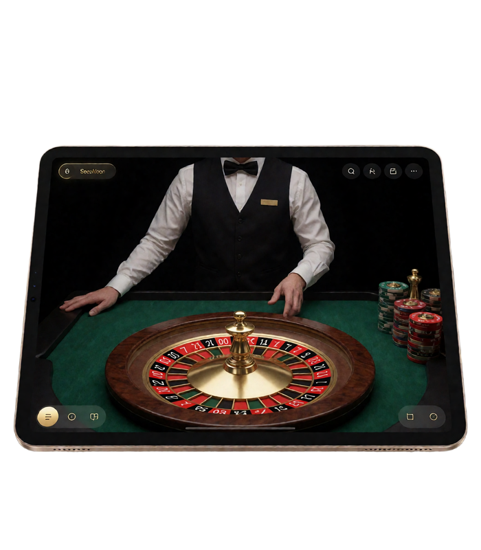 Tablet mit goldenem Rahmen zeigt den Live-Roulette-Stream des Millioner Live Casino im mobilen Browser