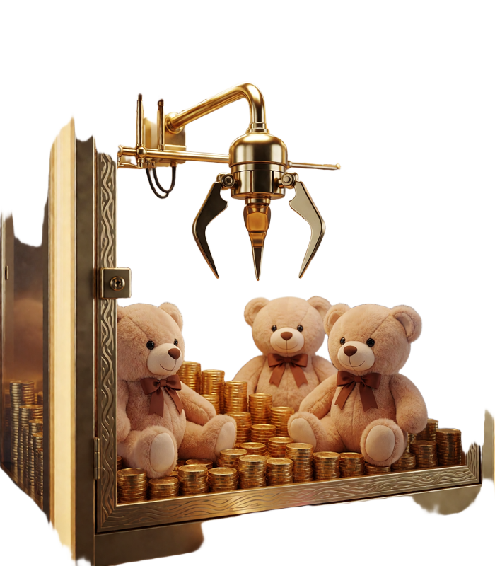 Goldene Bonus Crab Claw Machine mit Greifarm, Pl&uuml;schtieren und Goldm&uuml;nzen im Millioner Casino