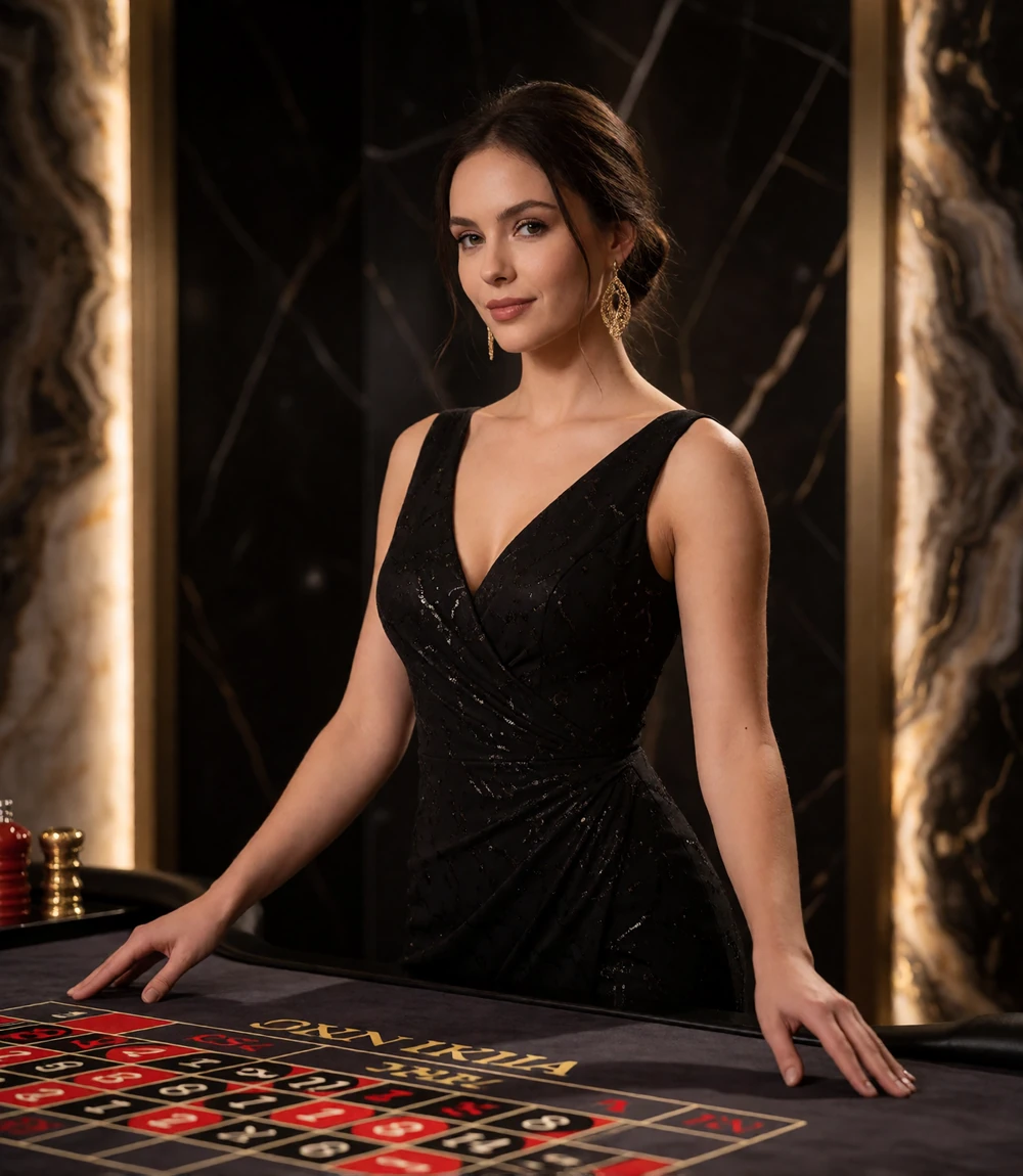 Professionelle Live-Dealerin in schwarzem Abendkleid am Roulettetisch im Live Casino Studio von Millioner