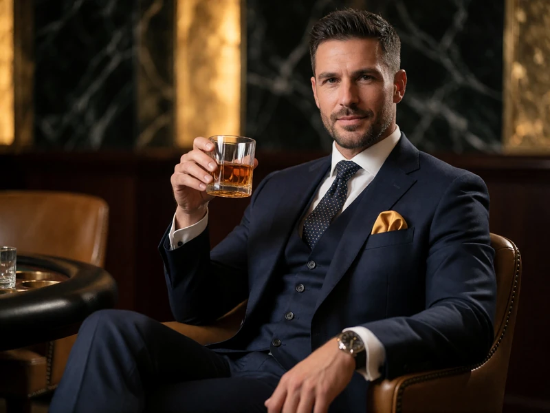 Eleganter Herr im Ma&szlig;anzug mit Whiskeyglas in der privaten VIP-Lounge des Millioner Casino